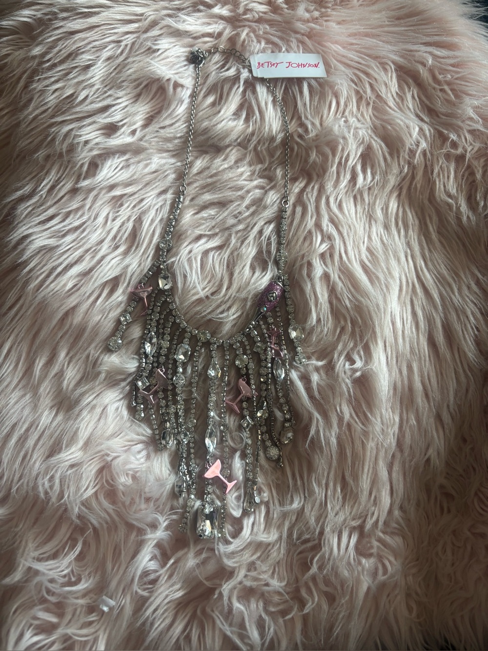 Betsey Johnson Pink Accent Crystal Fringe Necklace